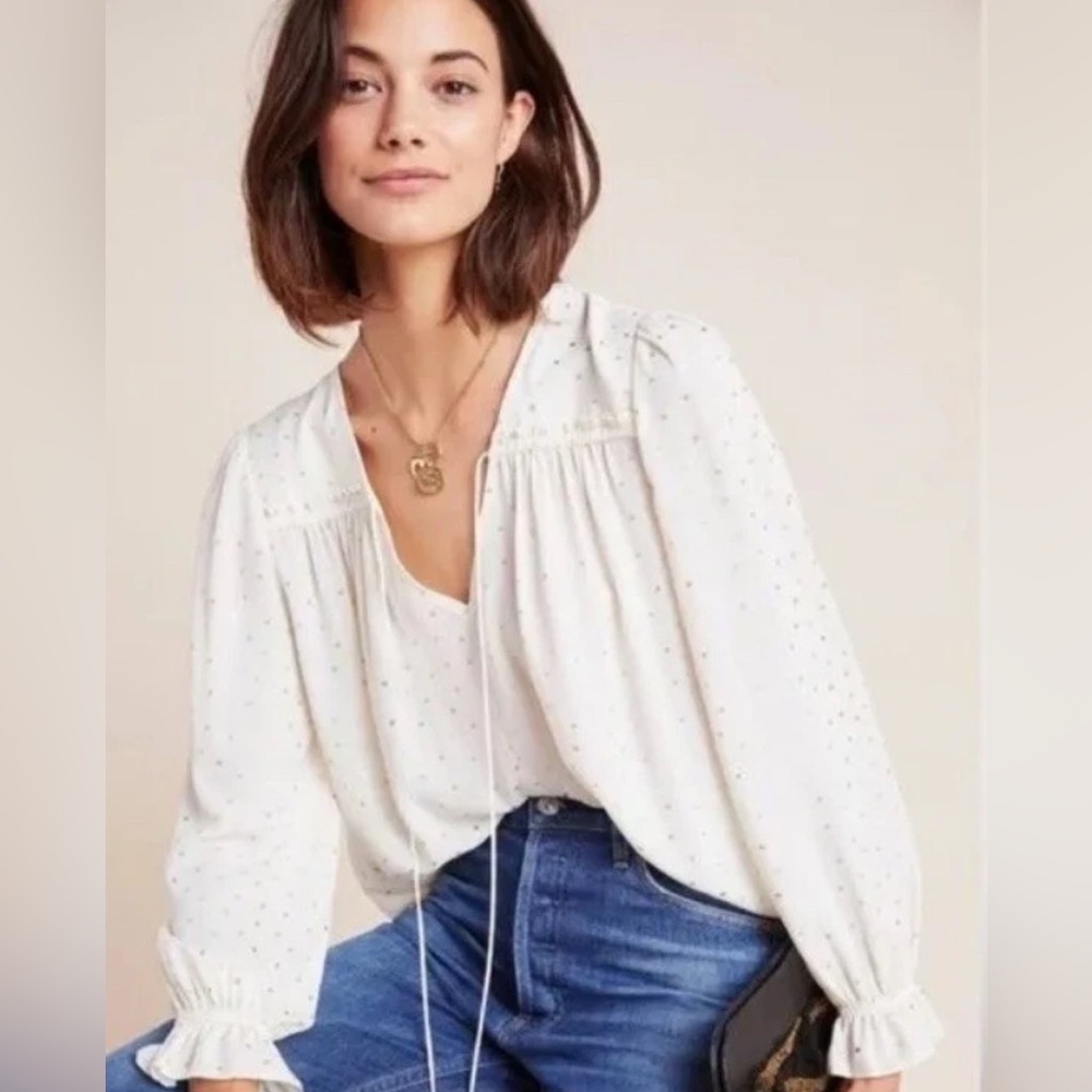 Anthropologie Current Air Bristol Gold Dot Blouse | Cream | Size XL Boho Shimmer
